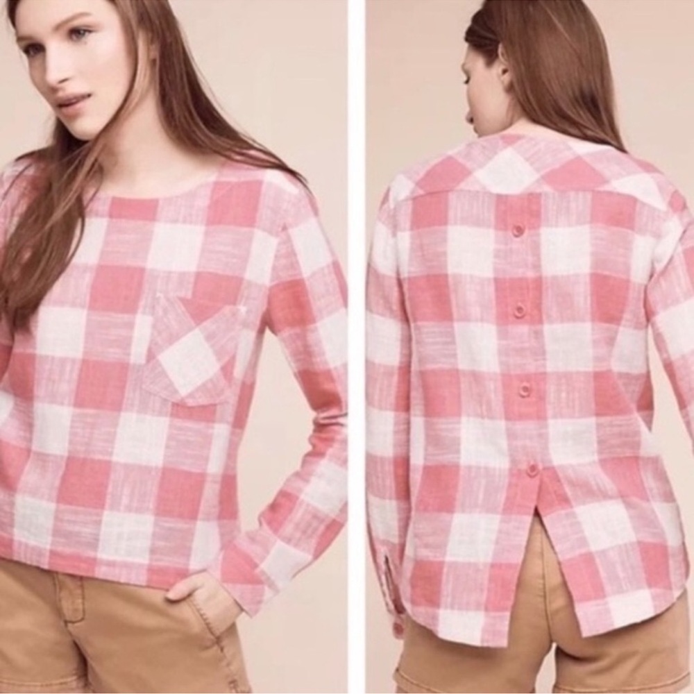 cloth & stone > Pink and White Plaid Long Sleeve Linen Top Medium